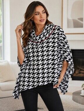 Fever Black White‎ Houndstooth Poncho Sweater Top L XL Chic Cowl Neck